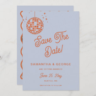 Retro Groovy 70s Blue Ivory Sinaasappel Disco Foto Save The Date