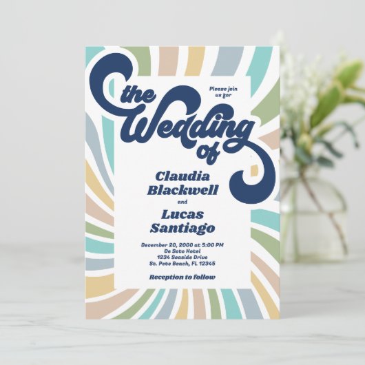 Retro Groovy 70s bruiloft uitnodiging (Staand voorkant)