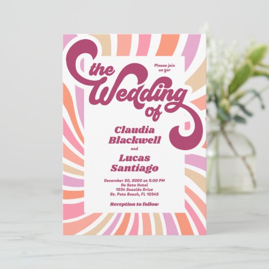 Retro Groovy 70s bruiloft uitnodiging (Staand voorkant)