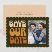 Retro Groovy 70s Bruin Groene Foto Wedding Save The Date (Voorkant / Achterkant)