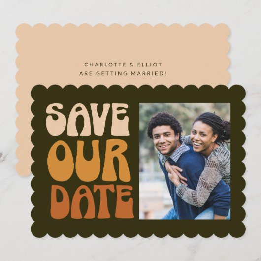 Retro Groovy 70s Bruin Groene Foto Wedding Save The Date (Voorkant / Achterkant)