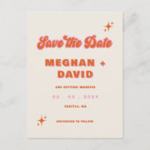 Retro Groovy 70s Cute Ivory Oranje Pink Wedding Aankondigingskaart (Voorkant)