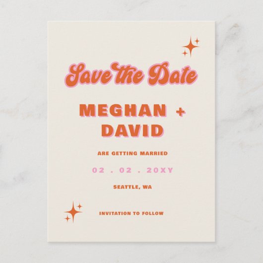 Retro Groovy 70s Cute Ivory Oranje Pink Wedding Aankondigingskaart (Voorkant)