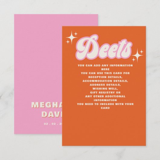 Retro Groovy 70s Cute Ivory Oranje Pink Wedding Informatiekaartje (Voorkant / Achterkant)