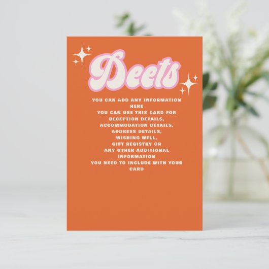 Retro Groovy 70s Cute Ivory Oranje Pink Wedding Informatiekaartje (Staand voorkant)