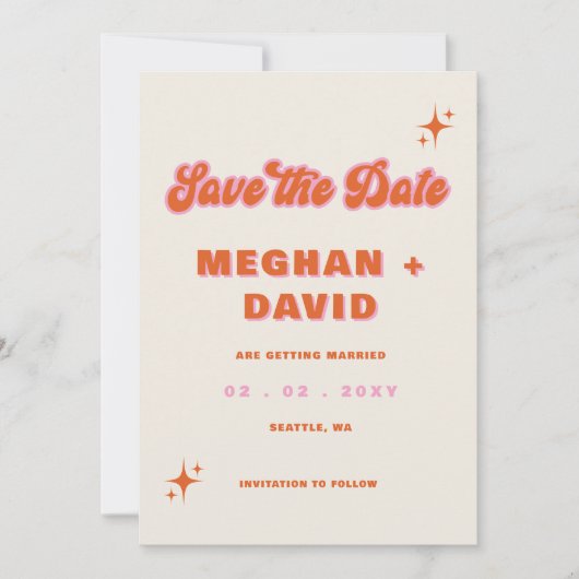Retro Groovy 70s Cute Ivory Oranje Pink Wedding Save The Date (Voorkant)