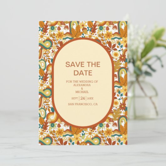 Retro Groovy 70's Gedekte gedempte Tonen Wedding S Save The Date (Staand voorkant)