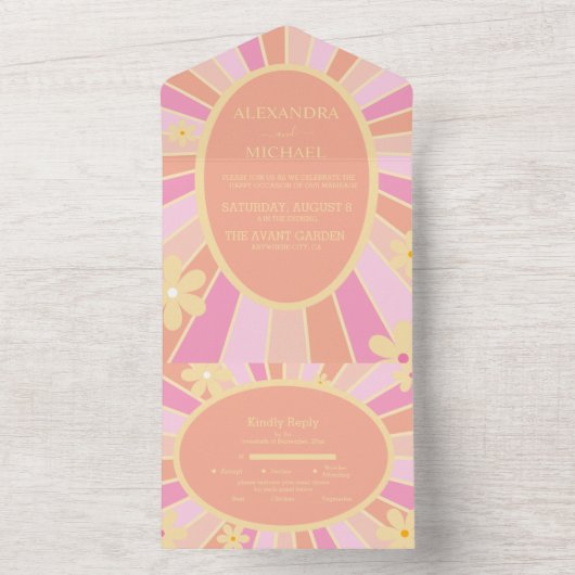 Retro Groovy 70's Gemuteerde tenteenbruiloft All In One Uitnodiging (Binnen)