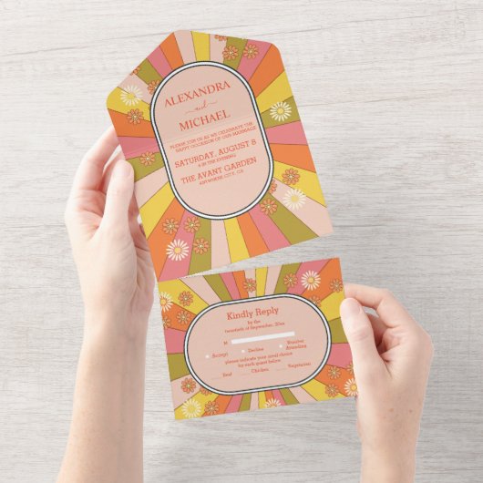 Retro Groovy 70's Gemuteerde tenteenbruiloft All In One Uitnodiging (Afscheurbaar)