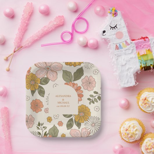 Retro Groovy 70's Gemuteerde tenteenbruiloft Papieren Bordje (Feest)