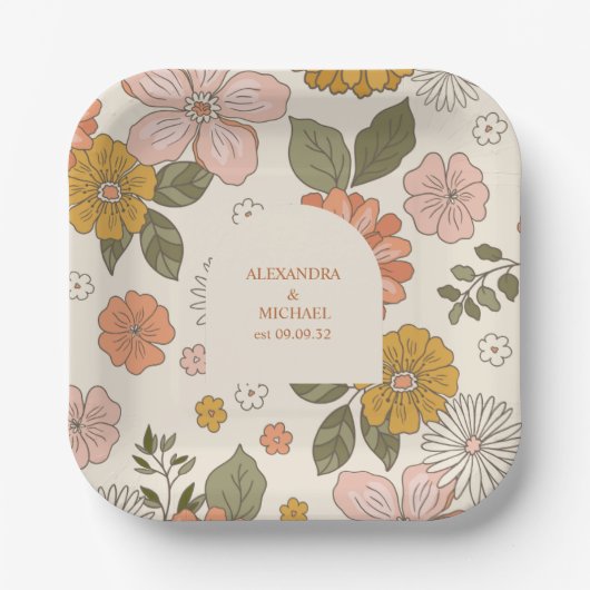 Retro Groovy 70's Gemuteerde tenteenbruiloft Papieren Bordje (Voorkant)