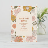 Retro Groovy 70's Gemuteerde tenteenbruiloft Save The Date (Staand voorkant)