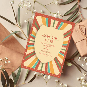 Retro Groovy 70's Gemuteerde tenteenbruiloft Save The Date