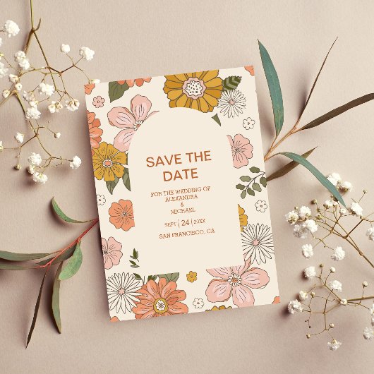 Retro Groovy 70's Gemuteerde tenteenbruiloft Save The Date