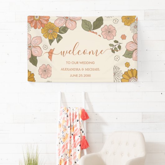 Retro Groovy 70's Gemuteerde tenteenbruiloft Spandoek (Insitu)