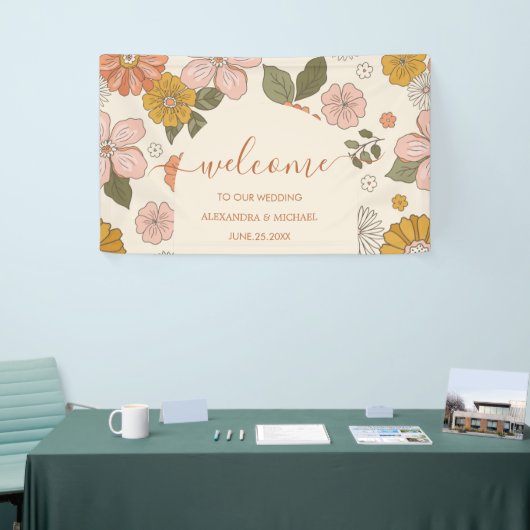 Retro Groovy 70's Gemuteerde tenteenbruiloft Spandoek (Beurs)