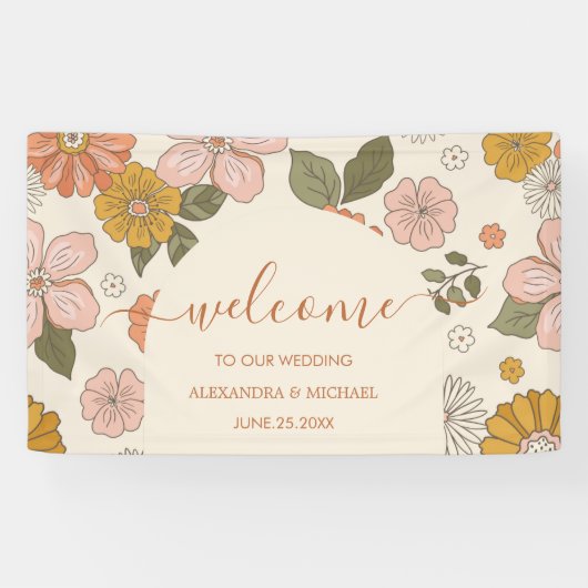 Retro Groovy 70's Gemuteerde tenteenbruiloft Spandoek (Horizontaal)