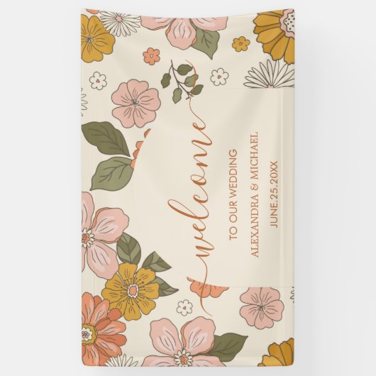 Retro Groovy 70's Gemuteerde tenteenbruiloft Spandoek (Verticaal)