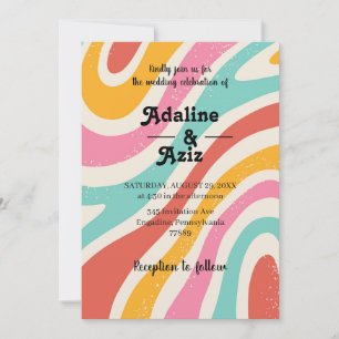 Retro Groovy 70s Golvende Kleurrijke Bruiloft Kaart