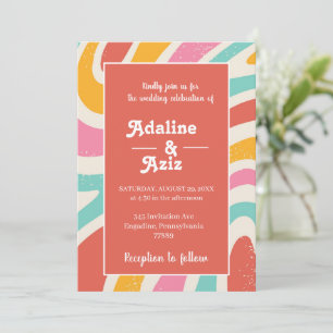 Retro Groovy 70s Golvende Kleurrijke Bruiloft Kaart