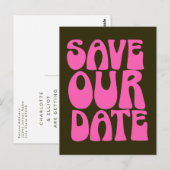 Retro Groovy 70s Heet Roze Bewaar De Datum Postkaa Briefkaart (Voorkant / Achterkant)