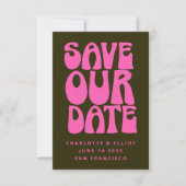 Retro Groovy 70s Heet Roze en Donkergroen Save The Date (Voorkant)