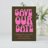 Retro Groovy 70s Heet Roze en Donkergroen Save The Date (Staand voorkant)
