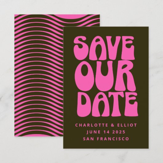 Retro Groovy 70s Heet Roze en Donkergroen Save The Date (Voorkant / Achterkant)