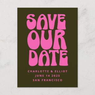 Retro Groovy 70s Heet Roze en Groen Bewaar de Datu Briefkaart