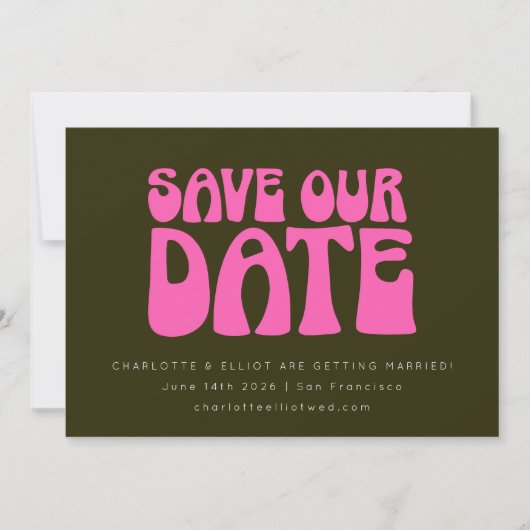 Retro Groovy 70s Hot Pink en Green Wedding Custom Save The Date (Voorkant)