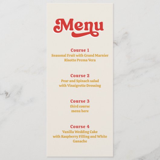 Retro Groovy 70s Ivoor Rood Bruiloft Menu (Voorkant)