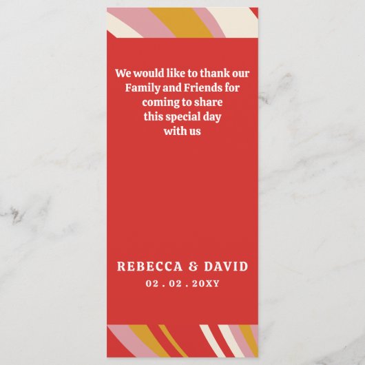 Retro Groovy 70s Ivoor Rood Bruiloft Menu (Achterkant)