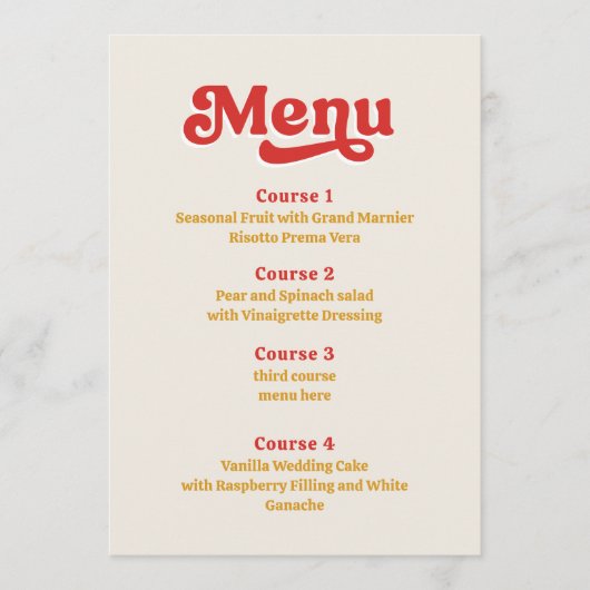 Retro Groovy 70s Ivoor Rood Bruiloft Menu (Voorkant)