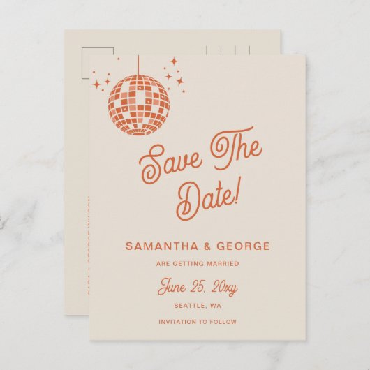 Retro Groovy 70s Ivoor Sinaasappel Disco Save The  Aankondigingskaart (Voorkant / Achterkant)