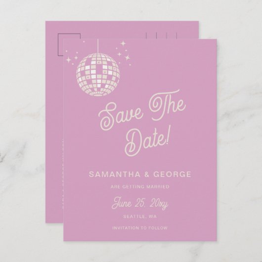 Retro Groovy 70s Ivory Disco Pink Save The Date Aankondigingskaart (Voorkant / Achterkant)