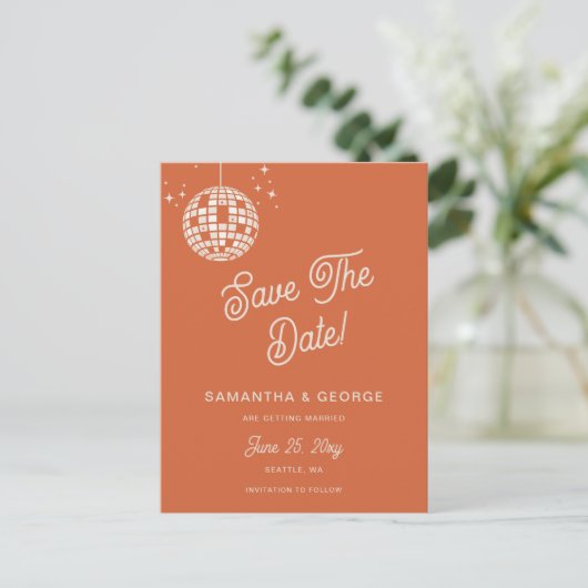 Retro Groovy 70s Ivory Disco Sinaasappel Save The Aankondigingskaart (Staand voorkant)