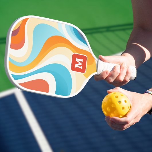 Retro Groovy 70s Kleurrijke Monogram Initiaal Pickleball Paddle