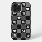 Retro Groovy 70s Madeliefjes Monogram Zwart en Wit iPhone Hoesje (Achterkant)