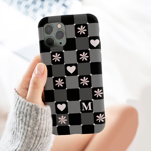 Retro Groovy 70s Madeliefjes Monogram Zwart en Wit iPhone Hoesje