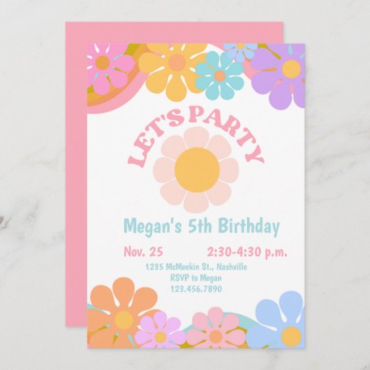 Retro Groovy 70s Meisjes Verjaardagsfeestje Bloeme Kaart (Voorkant / Achterkant)