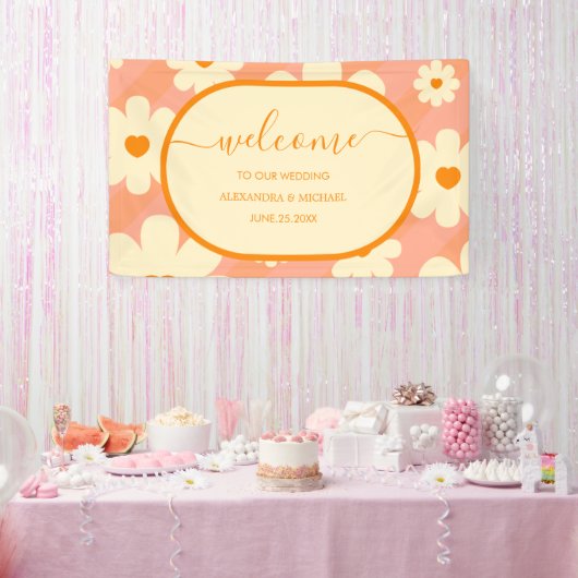 Retro Groovy 70's met een gedempte Tones Wedding B Spandoek (Feest)
