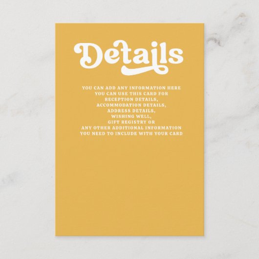Retro Groovy 70s Mooie Gele Trouwdag Informatiekaartje (Voorkant)