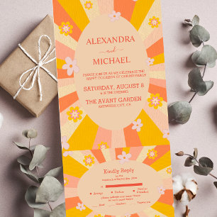 Retro Groovy 70's oranje geel huwelijk All In One Uitnodiging