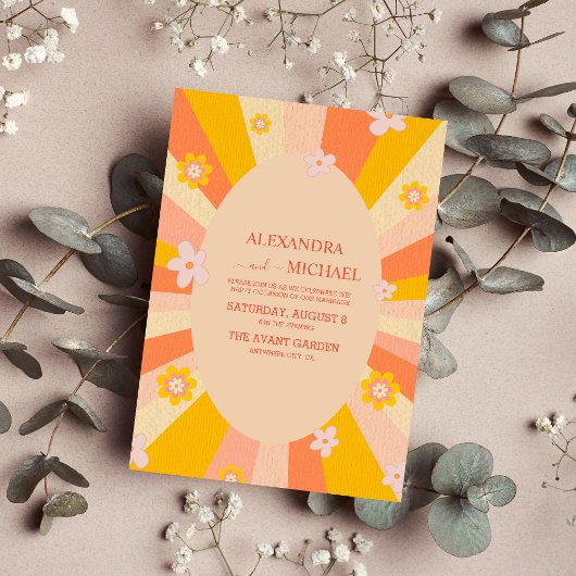 Retro Groovy 70's oranje geel huwelijk Kaart