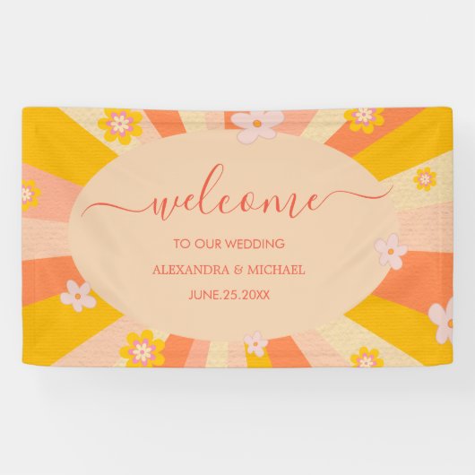 Retro Groovy 70's oranje geel huwelijk Spandoek (Horizontaal)