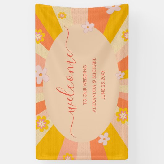 Retro Groovy 70's oranje geel huwelijk Spandoek (Verticaal)