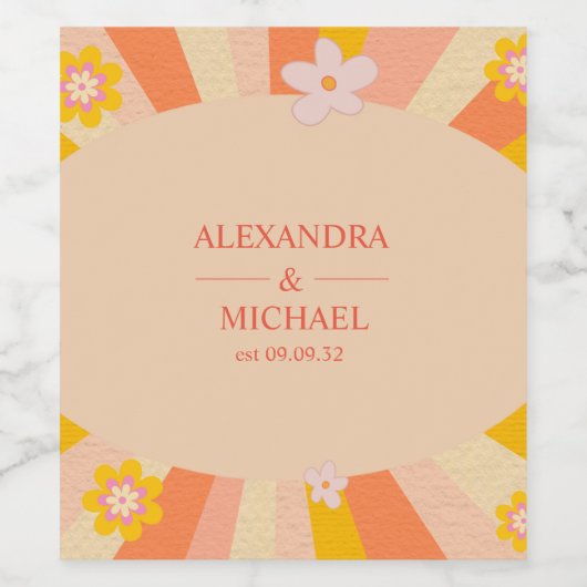 Retro Groovy 70's oranje geel huwelijk Wijn Etiket (Enkel label)