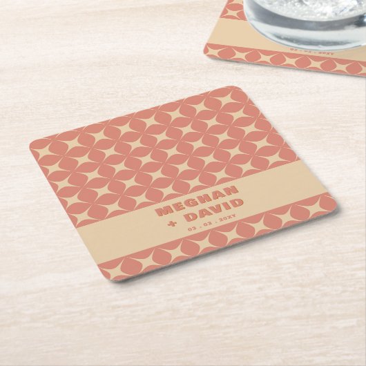 Retro Groovy 70s Patroon Boho Terracotta Bruiloft Kartonnen Onderzetters (Schuin)