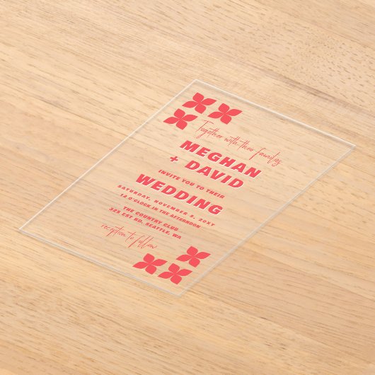 Retro Groovy 70s Patroon Roze Rood Bruiloft Acryl Uitnodigingen (Laagn)