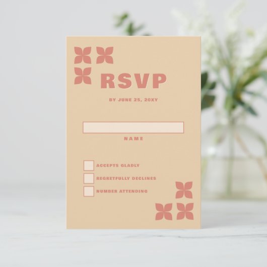 Retro Groovy 70s Patroon Terracotta Bruiloft RSVP Kaartje (Staand voorkant)